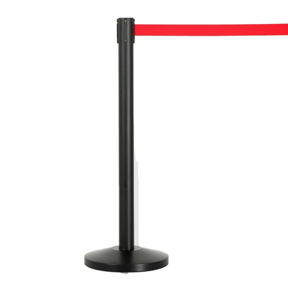 M&T Displays Crowd Control Stanchion Barriers Queue Post 37 inch High Safety Barrier Stands Line Dividers Retractable Red Belt 9.85'/118" Heavy Base Floor Standing Steel Indoor Outdoor (2-Pack)