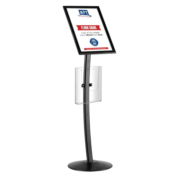 M&T Displays Curved Menu Board, 11x17 Inch Pedestal Sign Holder with 8.5x11 Inch Brochure Holder Black Floor Standing Aluminum Front Loading Easy Open Poster Message Advertisement Post
