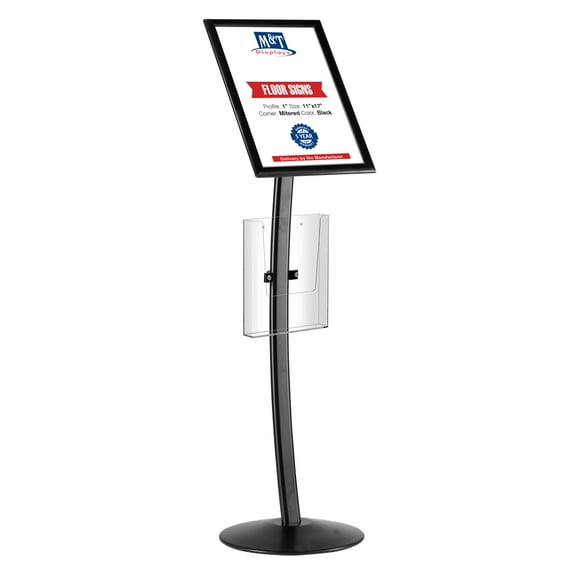 M&T Displays Curved Menu Board, 11x17 Inch Pedestal Sign Holder with 8.5x11 Inch Brochure Holder Black Floor Standing Aluminum Front Loading Easy Open Poster Message Advertisement Post