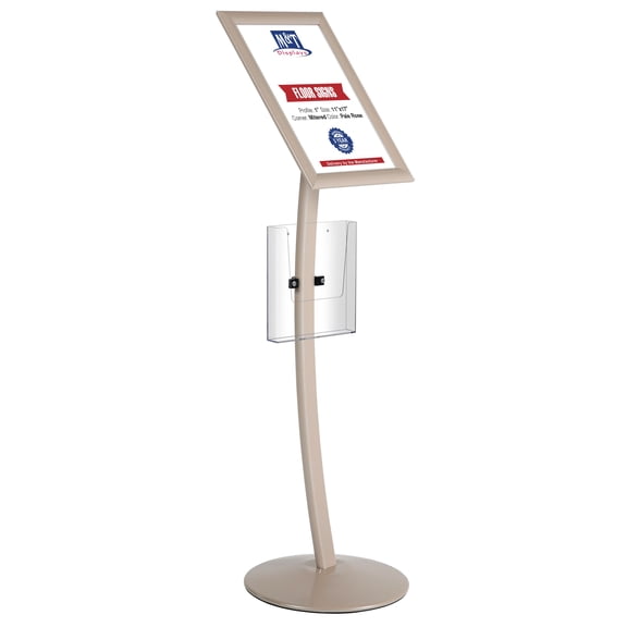 M&T Displays Curved Menu Board, 11x17 Inch Pedestal Sign Holder with 8.5x11 Inch Brochure Holder Pale Rose Floor Standing Aluminum Front Loading Easy Open Poster Message Advertisement Post