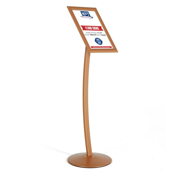 M&T Displays Curved Menu Board, 11x17 inch Copper Pedestal Sign Holder Floor Standing Aluminum Front Loading Easy Open Poster Message Advertisement Holder for Restaurant Cafe Hotel