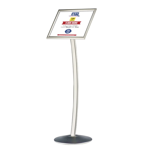 M&T Displays Curved Menu Board, 11x17 inch Silver Pedestal Sign Holder Floor Standing Aluminum Front Loading Easy Open Poster Message Advertisement Holder for Restaurant Cafe Hotel (100-Pack)