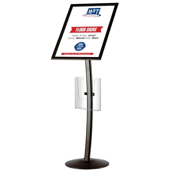 M&T Displays Curved Menu Board, 18x24 Inch Pedestal Sign Holder with 8.5x11 Inch Brochure Holder Black Floor Standing Aluminum Front Loading Easy Open Poster Message Advertisement Post