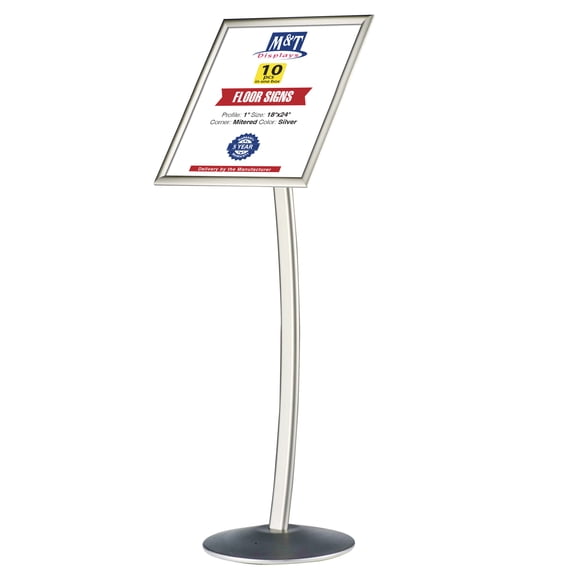 M&T Displays Curved Menu Board, 18x24 inch Silver Pedestal Sign Holder Floor Standing Aluminum Front Loading Easy Open Poster Message Advertisement Holder for Restaurant Cafe Hotel (10-Pack)