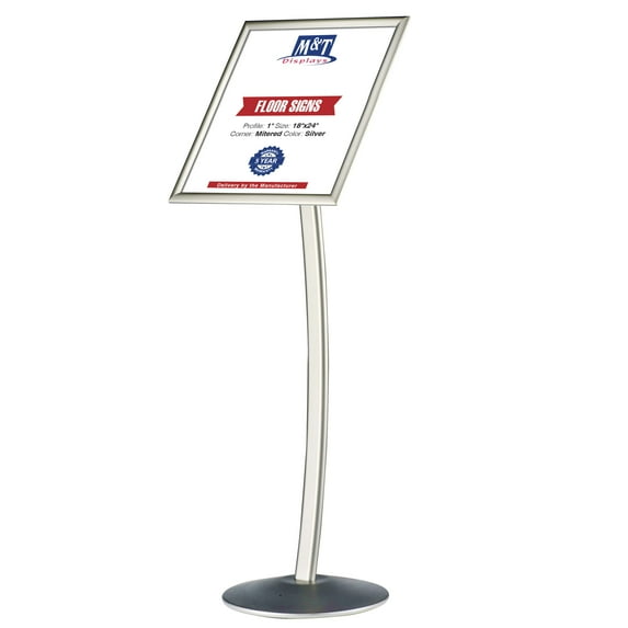 M&T Displays Curved Menu Board, 18x24 inch Silver Pedestal Sign Holder Floor Standing Aluminum Front Loading Easy Open Poster Message Advertisement Holder for Restaurant Cafe Hotel (2-Pack)