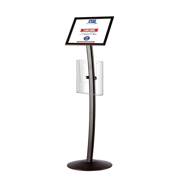 M&T Displays Curved Menu Board, 8.5x11 Inch Pedestal Sign Holder with 8.5x11 Inch Brochure Holder Black Floor Standing Aluminum Front Loading Easy Open Poster Message Advertisement Post