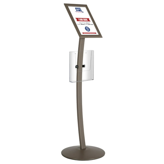 M&T Displays Curved Menu Board, 8.5x11 Inch Pedestal Sign Holder with 8.5x11 Inch Brochure Holder Earth Color Floor Standing Aluminum Front Loading Easy Open Poster Message Advertisement Post