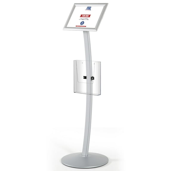 M&T Displays Curved Menu Board, 8.5x11 Inch Pedestal Sign Holder with 8.5x11 Inch Brochure Holder Silver Floor Standing Aluminum Front Loading Easy Open Poster Message Advertisement Post