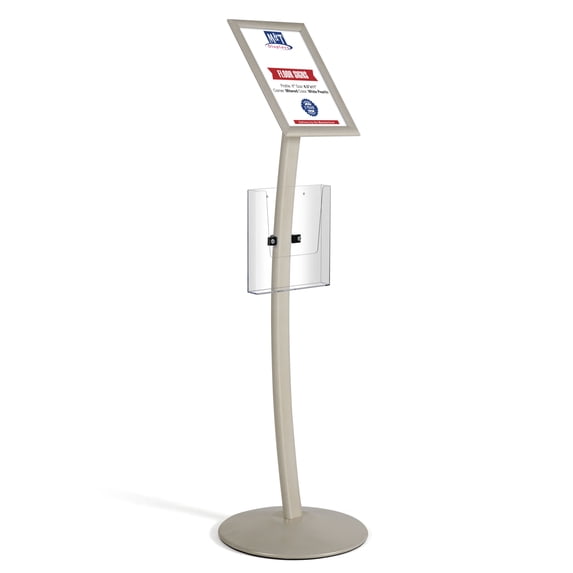 M&T Displays Curved Menu Board, 8.5x11 Inch Pedestal Sign Holder with 8.5x11 Inch Brochure Holder White Pearlic Floor Standing Aluminum Front Loading Easy Open Poster Message Advertisement Post