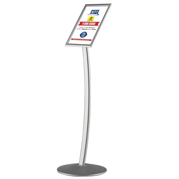 M&T Displays Curved Menu Board, 8.5x11 inch Silver Pedestal Sign Holder Floor Standing Aluminum Front Loading Easy Open Poster Message Advertisement Holder for Restaurant Cafe Hotel (2-Pack)