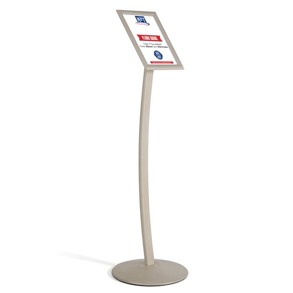 M&T Displays Curved Menu Board, 8.5x11 inch White Pearlic Pedestal Sign Holder Floor Standing Aluminum Front Loading Easy Open Poster Message Advertisement Holder for Restaurant Cafe Hotel