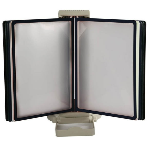 M&T Displays Desk Reference Organizer with 10 Black Double-Sided 8.5x11 Inch Letter Front Loading Corner Tuck Easy Load Pockets Pivoting Doc Display Catalog Menu Holder Adjustable Heavy Base