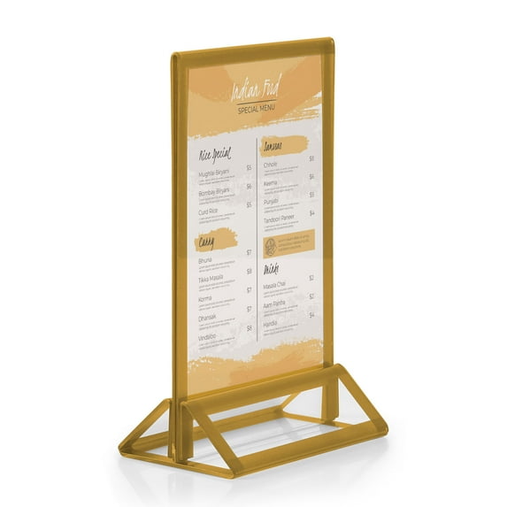 M&T Displays Desktop Acrylic Sign Menu Holder Double Sided T Shape Tabletop 4x6 Inch Gold Border Bottom Loading Clear Ad Frame for Restaurant Store Wedding Party Event (12 pack)