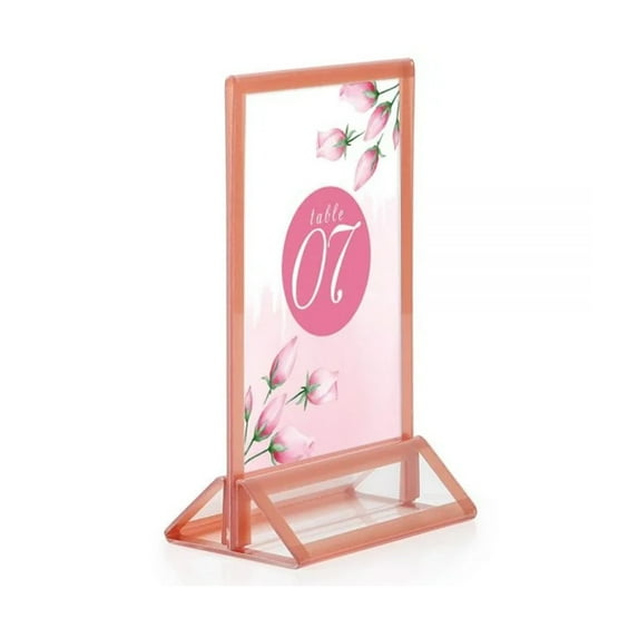 M&T Displays Desktop Acrylic Sign Menu Holder Double Sided T Shape Tabletop 4x6 Inch Pink Border Bottom Loading Clear Ad Frame for Restaurant Store Wedding Party Event (12 pack)