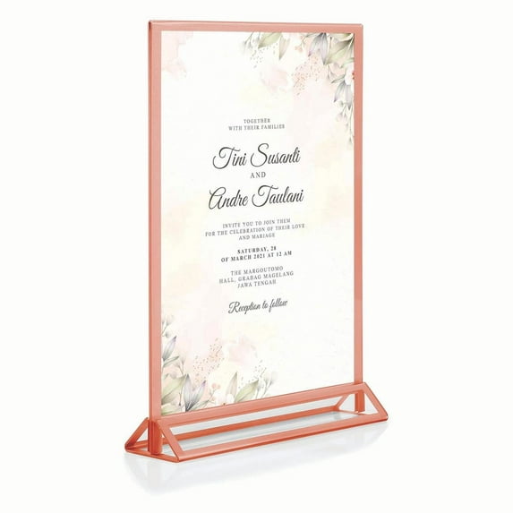 M&T Displays Desktop Acrylic Sign Menu Holder Double Sided T Shape Tabletop 8.5x11 Inch Pink Border Bottom Loading Clear Ad Frame for Restaurant Store Wedding Party Event (6 pack)