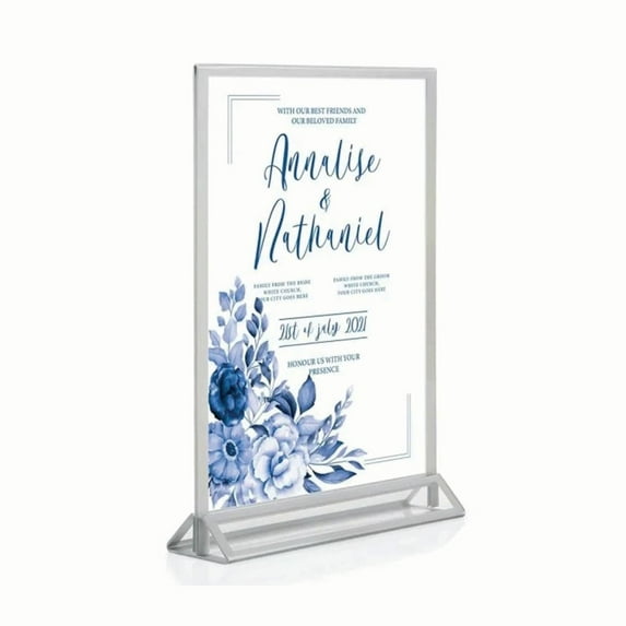 M&T Displays Desktop Acrylic Sign Menu Holder Double Sided T Shape Tabletop 8.5x11 Inch Silver Border Bottom Loading Clear Ad Frame for Restaurant Store Wedding Party Event (6 pack)