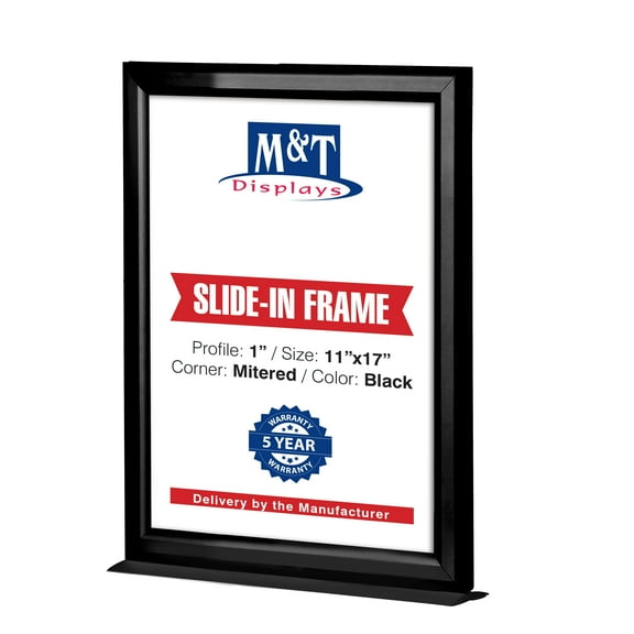 M&T Displays Double Sided Counter Slide In Advertisement Frame 11x17 Inch Black 1" Aluminum Profile Portrait Tabletop Picture Poster Document Certificate Sign Holder Metal Base