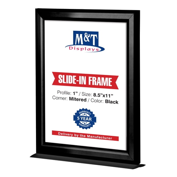 M&T Displays Double Sided Counter Slide In Advertisement Frame 8.5x11 Inch Black 1" Aluminum Profile Portrait Tabletop Picture Poster Document Certificate Sign Holder Metal Base