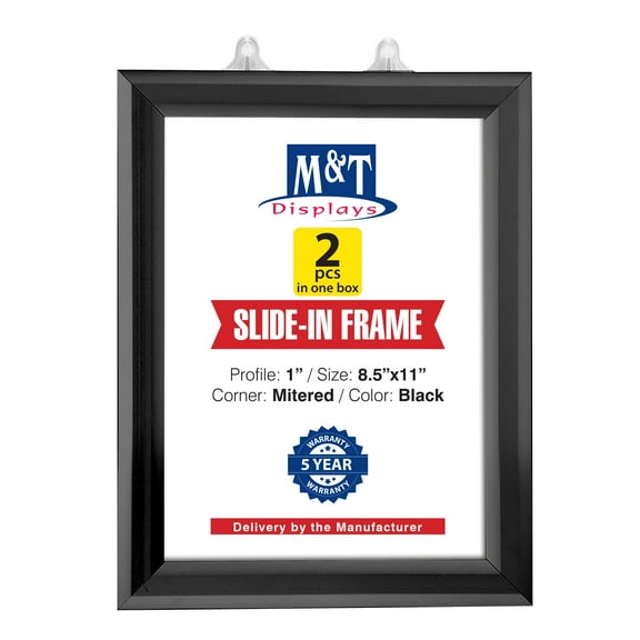 M&T Displays Double Sided Slide In Frame, Black 8.5x11 Inch Poster Holder 1" Aluminum Profile Side Loading Easy Change Mitered Corner with Anti Glare PET Cover (2 pack)