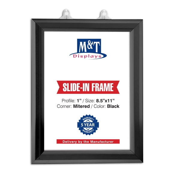 M&T Displays Double Sided Slide In Frame, Black 8.5x11 Inch Poster Holder 1" Aluminum Profile Side Loading Easy Change Mitered Corner with Anti Glare PET Cover Single Packed