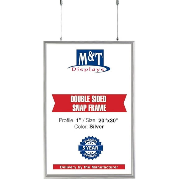 M&T Displays Double Sided Snap Frame Silver 20x30 Inch Picture Poster Holder 1" Aluminum Profile Front Loading Easy Change Mitered Corner with Anti Glare PET Cover