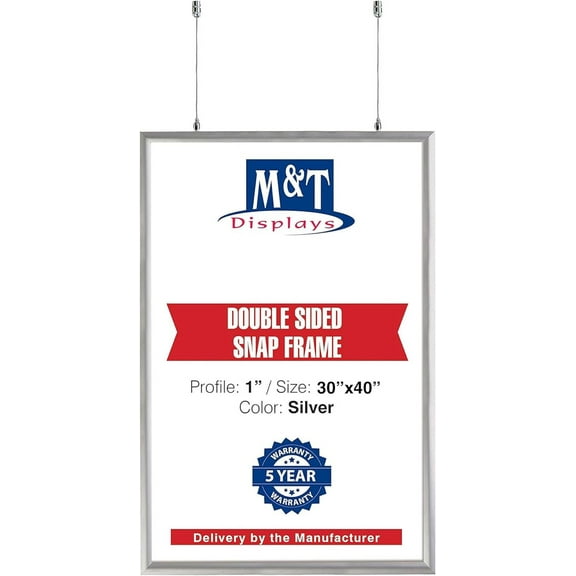 M&T Displays Double Sided Snap Frame Silver 30x40 Inch Picture Poster Holder 1" Aluminum Profile Front Loading Easy Change Mitered Corner with Anti Glare PET Cover