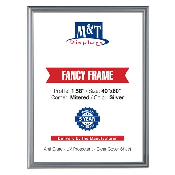 M&T Displays Fancy Front Loading Snap Picture Frame Poster Size 1.58" Silver Color Profile, Mitered Corner (40x60)
