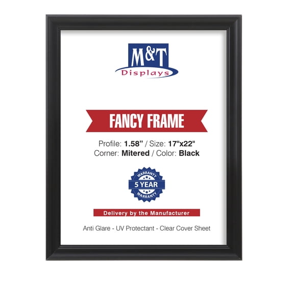 M&T Displays Fancy Snap Poster Frame 17x22 Inch Black 1.58" Aluminum Profile Front Loading Wall Mounting Photo Picture Document Certificate Sign Holder Mitered Corner Anti Glare Cover