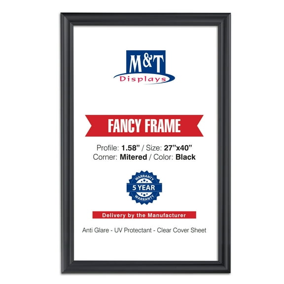M&T Displays Fancy Snap Poster Frame 27x40 Inch Black 1.58" Aluminum Profile, Front Loading Wall Mounting Display for Photo Picture Document Certificate Mitered Corner Anti Glare Cover