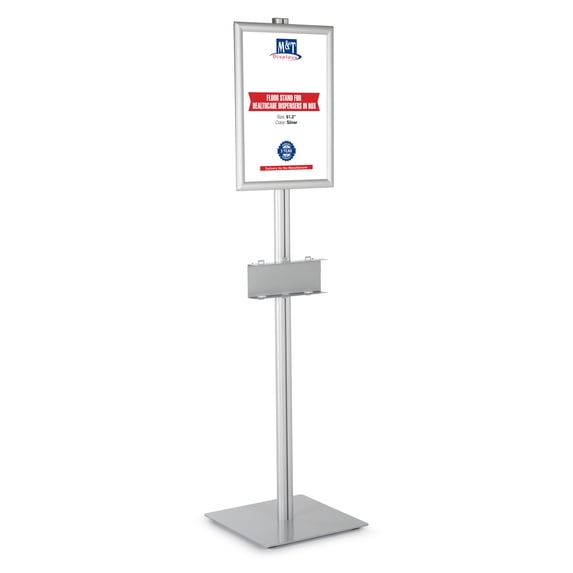 M&T Displays Floor Stand Universal Holder for Healthcare Product Box with 3.54 - 5.91x9.84 Inch Front Loading Opti Snap Frame Poster Sign Post, Face Mask, Disposable Glove, Facial Tissue, Hospital