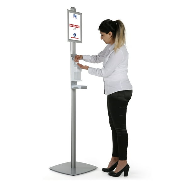 M&T Displays Floor Standing Commercial Hand Sanitizer Dispenser 1000 mL. (33.8 oz.) for Liquid/Lotion Soap or Sanitizing Products, Manual Push Bar with 8.5x11 Inch Opti Snap Frame Message Sign Post