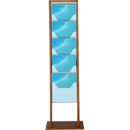 M&T Displays Floor Standing Double Sided Dark Wood Magazine Brochure Rack - 10 Clear PET G Pocket