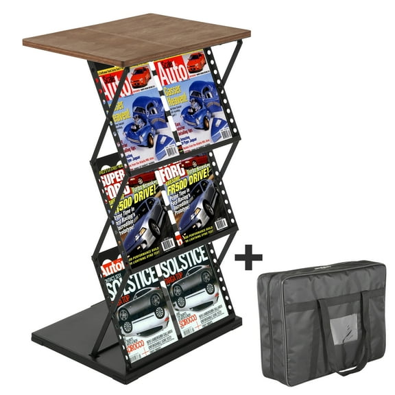 M&T Displays Foldable Counter with Perforated Literature Holder and Carrying Bag, Magazine Rack, Brochure Display Stand, Catalog Leaflet, Flier for Fair, Conference (Black - Dark Wood, 2x(8.5x11))