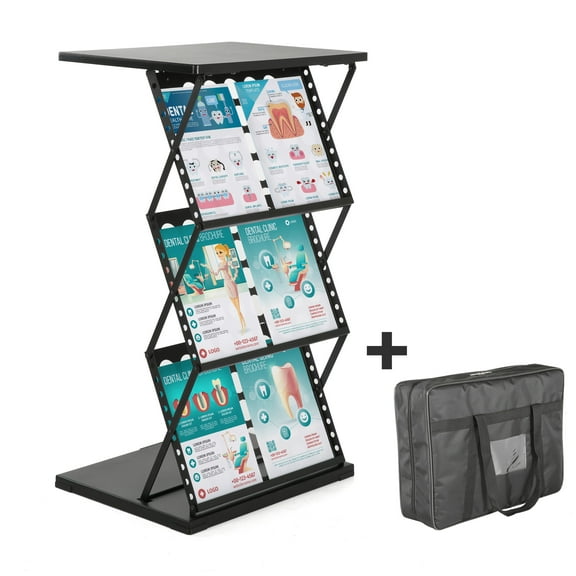 M&T Displays Foldable Counter with Perforated Literature Holder and Carrying Bag, Magazine Rack, Brochure Display Stand, Catalog Leaflet, Flier for Fair, Conference, Shows (Black, 2x(8.5x11))