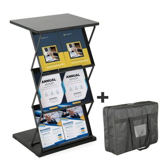 M&T Displays Foldable Counter with Steel Literature Holder and Carrying Bag, Magazine Rack, Brochure Display Stand, Catalog Leaflet, Flier for Fair, Conference, Showroom (Black, 2x(8.5x11))
