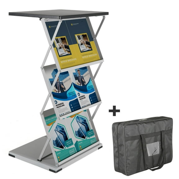 M&T Displays Foldable Counter with Steel Literature Holder and Carrying Bag, Magazine Rack, Brochure Display Stand, Catalog Leaflet, Flier for Fair, Conference, Showroom (Gray - Black, 2x(8.5x11))