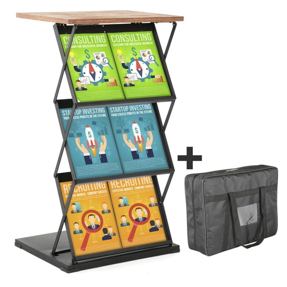 M&T Displays Foldable Counter with Steel Literature Holder and Carrying Bag, Magazine Rack, Brochure Display Stand, Catalog Leaflet, Flier for Fair, Conference, Shows (Black - Dark Wood, 2x(8.5x11))