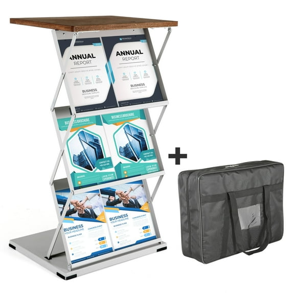 M&T Displays Foldable Counter with Steel Literature Holder and Carrying Bag, Magazine Rack, Brochure Display Stand, Catalog Leaflet, Flier for Fair, Conference, Shows (Gray - Dark Wood, 2x(8.5x11))