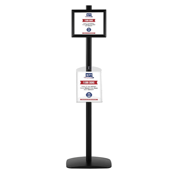 M&T Displays Free Standing Advertising Display Stand in Silver with 1 x (8.5x11) snap Frame in Portrait/Landscape and 1 x (8.5x11) Clear Shelf in Acrylic, Single Sided (Black)