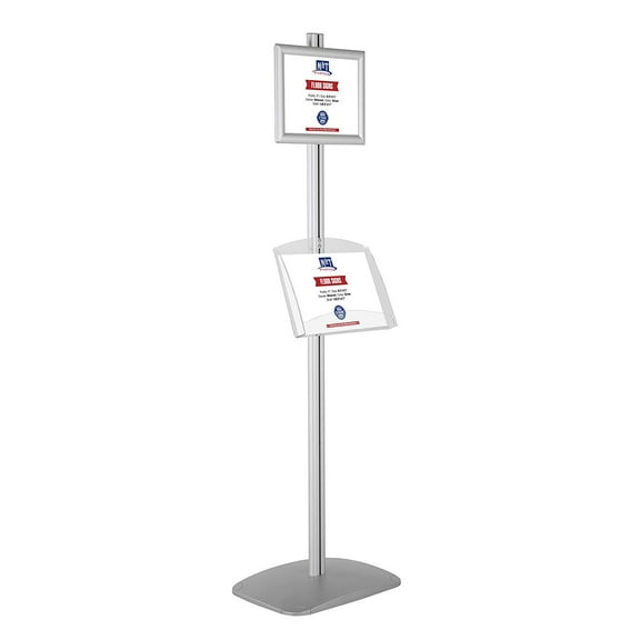M&T Displays Free Standing Display Stand with 1 x (8.5x11) snap Frame in Portrait/Landscape and (1) 2 x (8.5x11) Clear Shelf Acrylic, Single Sided (Silver)