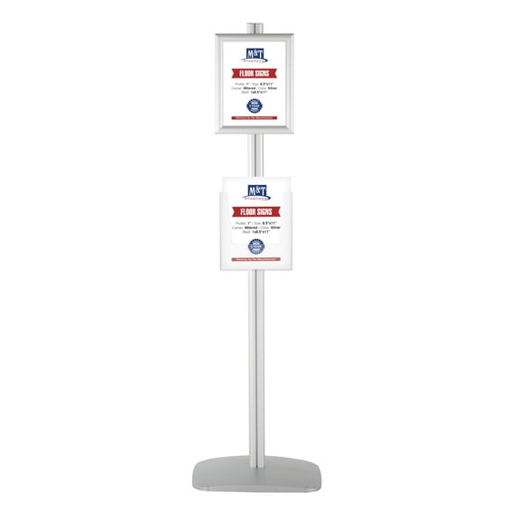 M&T Displays Free Standing Display Stand with 1 x (8.5x11) snap Frame in Portrait/Landscape and 1 x (8.5x11) Clear Pocket Shelf, Single Sided (Silver)