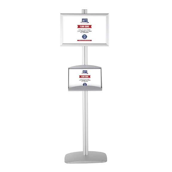 M&T Displays Free Standing Display Stand with 2 x (11X17) Frames snap in Portrait and Landscape and (2) 2 x (5.58.5) Steel Shelves, Double Sided (Silver)