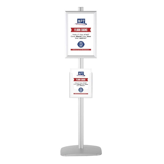 M&T Displays Free Standing Display Stand with 2 x (11X17) snap Frames in Portrait/Landscape and 2 x (8.5x11) Clear Pocket Shelf, Double Sided (Silver)