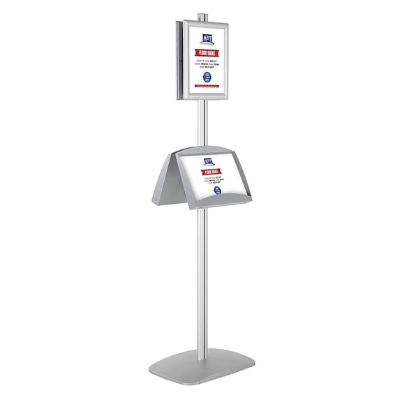 M&T Displays Free Standing Display Stand with 2 x (8.5x11) snap Frame in Portrait/Landscape and (2) 2 x (5.5x8.5) Steel Shelves, Double Sided (Silver)