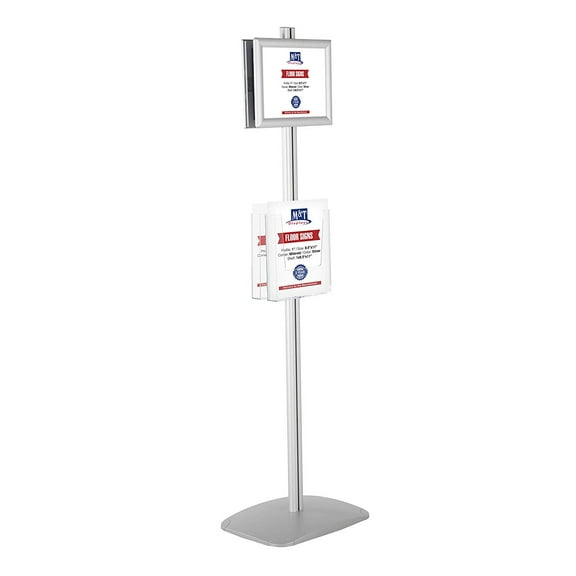 M&T Displays Free Standing Display Stand with 2 x (8.5x11) Frames in Portrait/Landscape and 2 x (8.5x11) Clear Pocket Shelves, Double Sided (Silver)