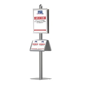 M&T Displays Free-Standing Double-Sided Poster Display Stand with Literature Racks, 22x28 Inch Poster Size Snap Open Frames with 2 Steel Shelves (Silver)