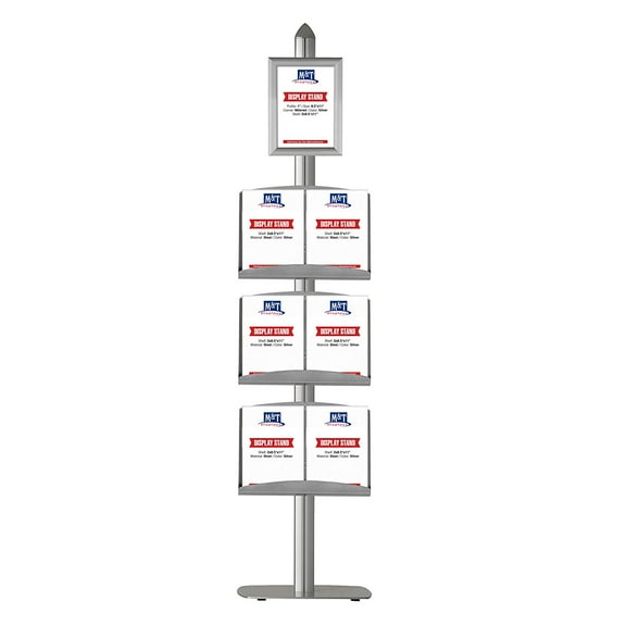 M&T Displays Free-Standing Poster Display Stand with Literature Racks, 8.5x11 Inch Poster Size Snap Open Frame with 3 Steel Literature Shelves (Silver)