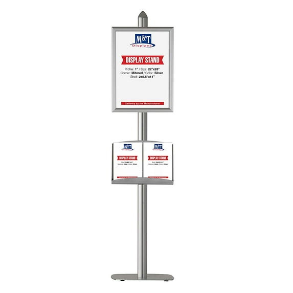 M&T Displays Free-Standing Poster Display Stand with Literature Rack, 22x28 Inch Poster Size Snap Open Frame with Steel Shelf (Silver)