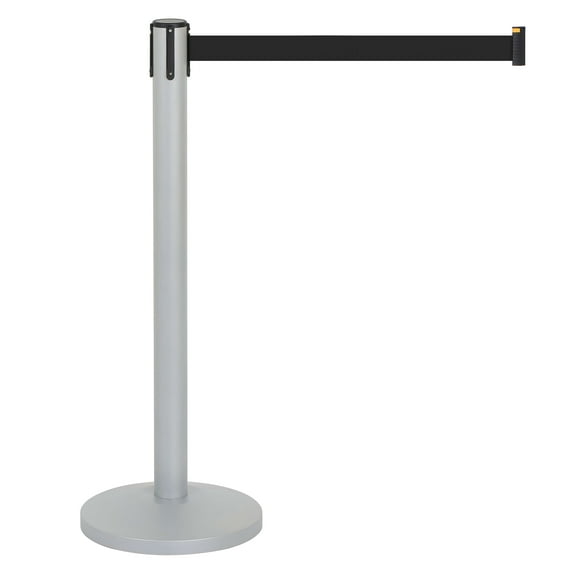 M&T Displays Gray Crowd Control Stanchion Barriers Queue Post 37" High Safety Barrier Stands Line Dividers Retractable Black Belt 9.85'/118" Heavy Base Floor Standing Steel Indoor Outdoor (4-Pack)