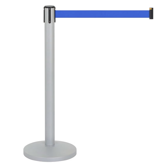 M&T Displays Gray Crowd Control Stanchion Barriers Queue Post 37" High Safety Barrier Stands Line Dividers Retractable Blue Belt 9.85'/118" Heavy Base Floor Standing Steel Indoor Outdoor (2-Pack)